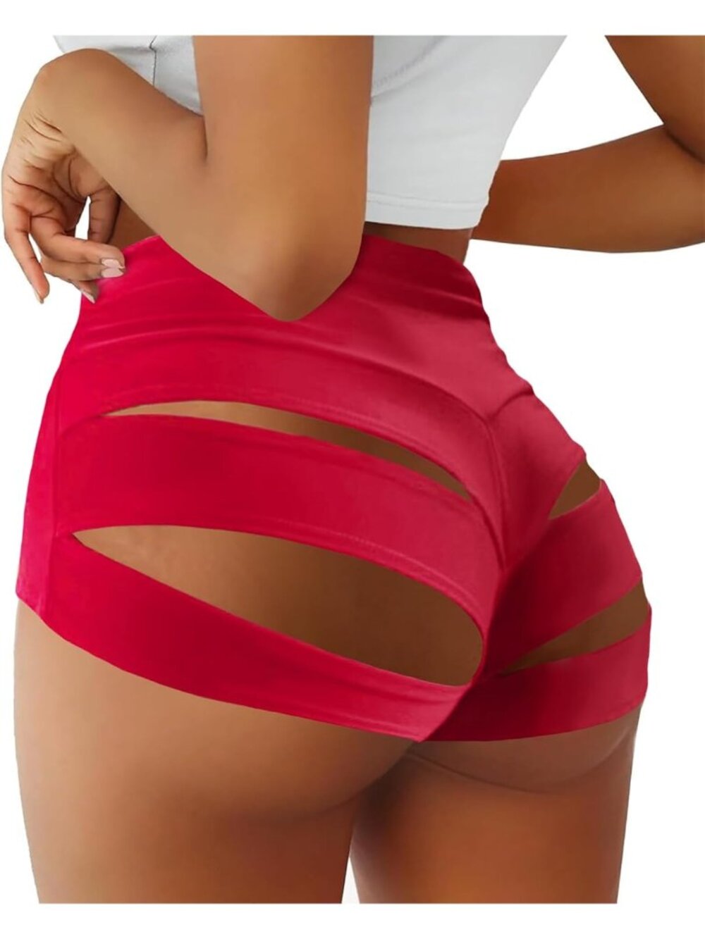 Women's Red 2 Cut Out Yoga Scrunch Booty Hot Pants High Waist Sports Shorts